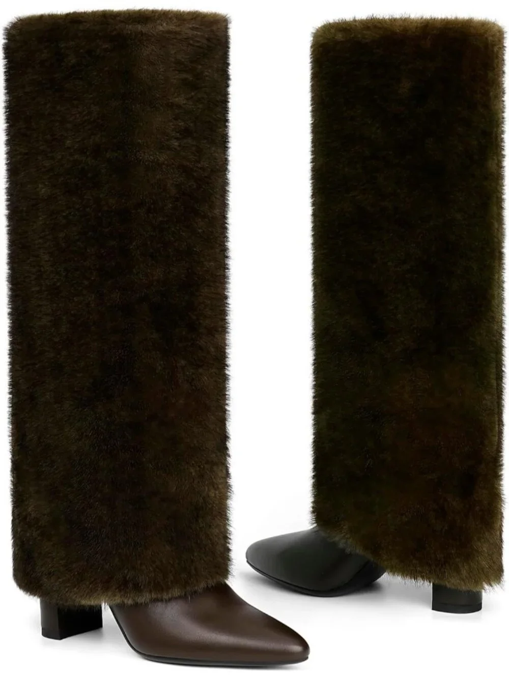 Women's Brown Fur Pointed Toe Chunky Heel Faux Leather Over The Knee Boots